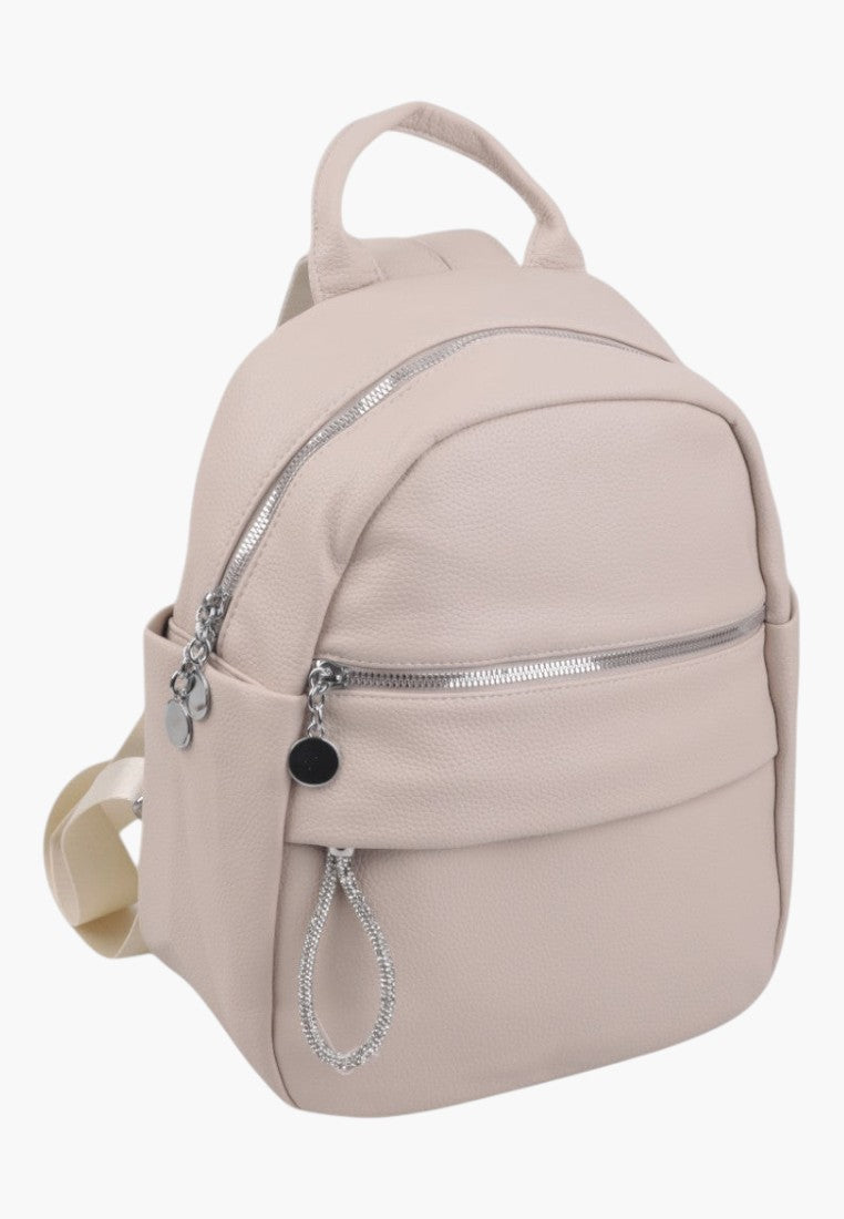 Falio urban women's backpack in beige faux leather with silver zippers and multiple pockets