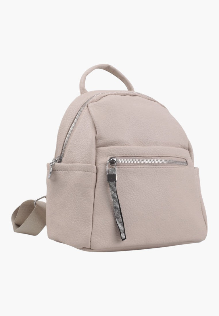 Falio women's urban backpack in beige faux leather with a front zipper pocket and silver hardware.