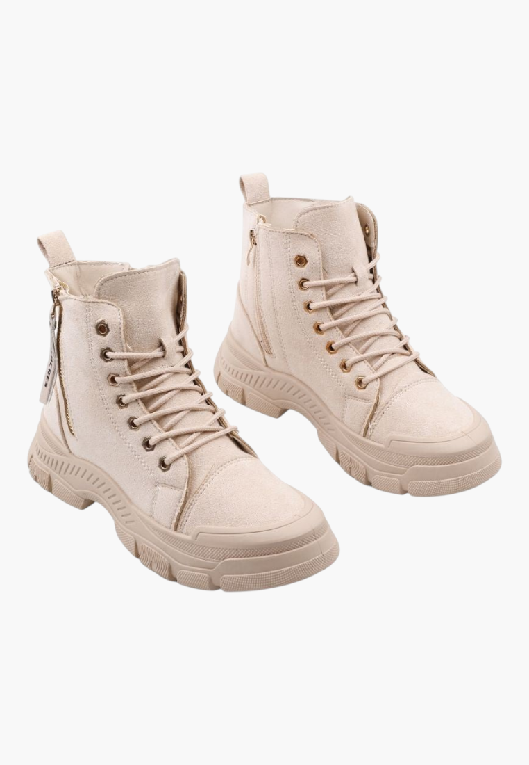 Falio beige faux suede lace-up ankle boots with thick lug soles and side zipper closure
