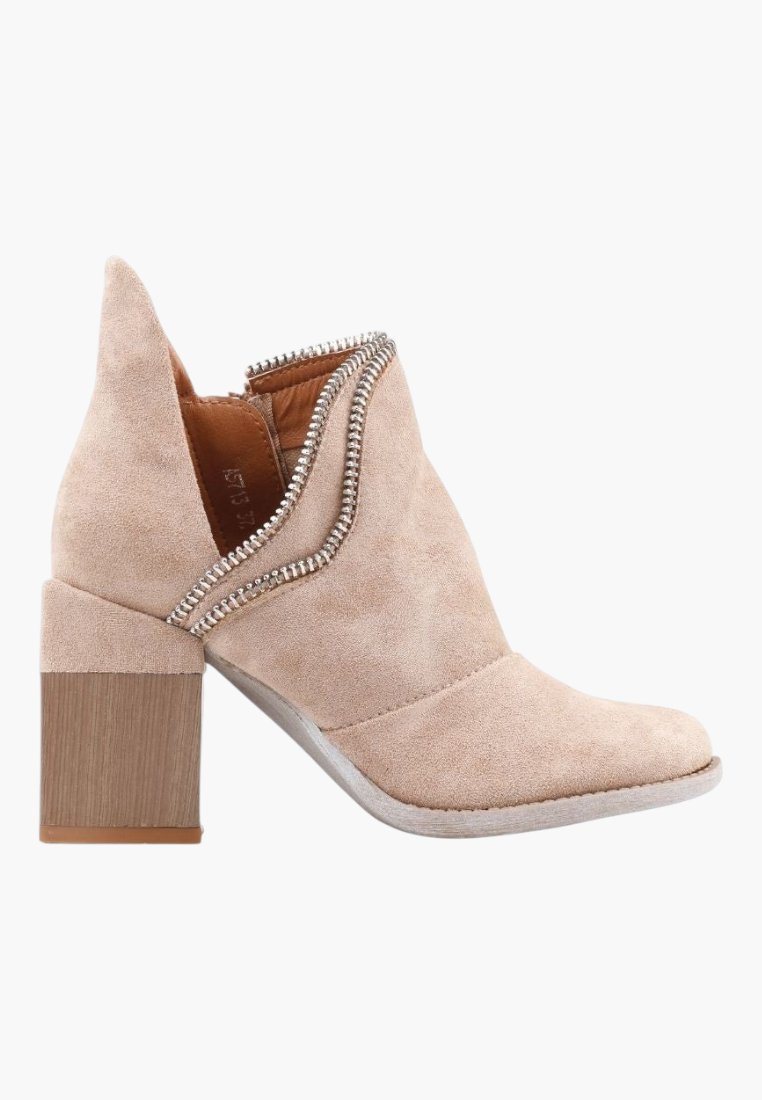 Falio beige faux suede ankle boots with a side cutout, zipper detail, and a chunky wood-effect block heel.