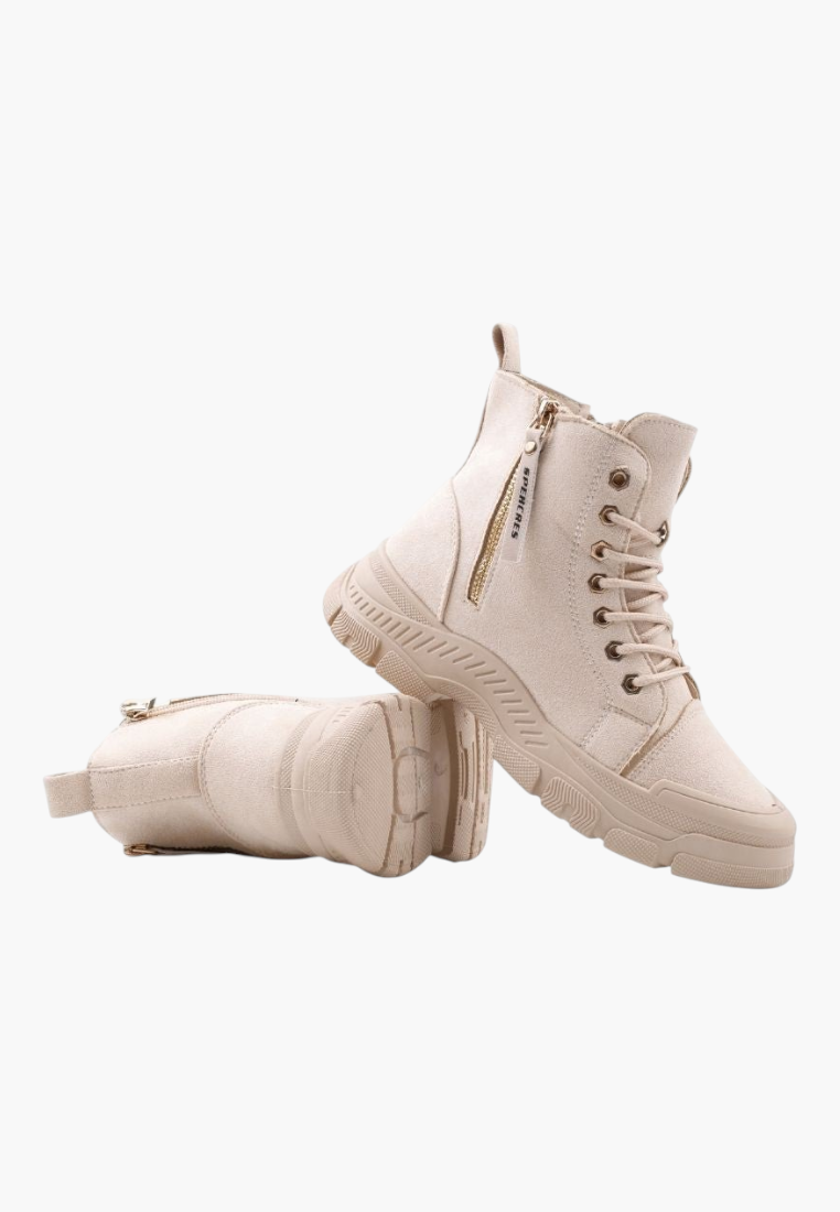 Falio beige faux suede lace-up ankle boots with thick lug soles and side zipper closure