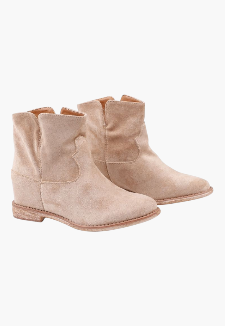 Falio beige faux suede ankle boots with a hidden wedge heel and western-inspired design, lightly insulated.