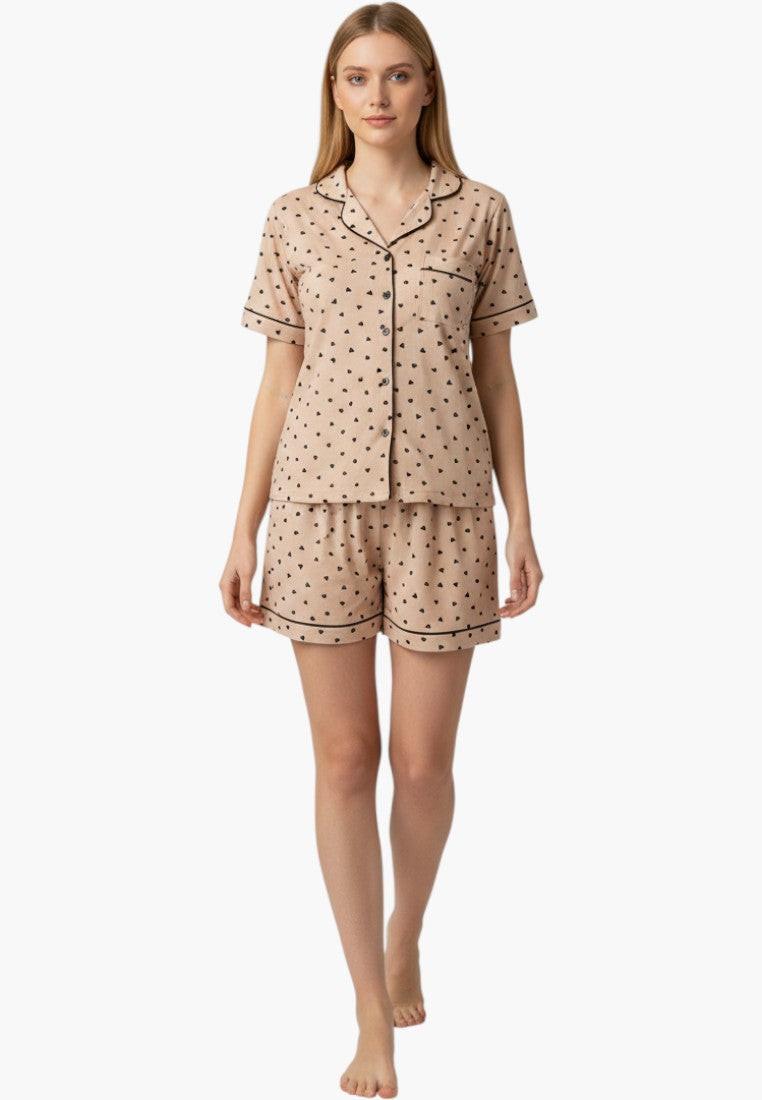Falio women's beige short-sleeve pajama set with black heart print, collared neckline, and button-up top.
