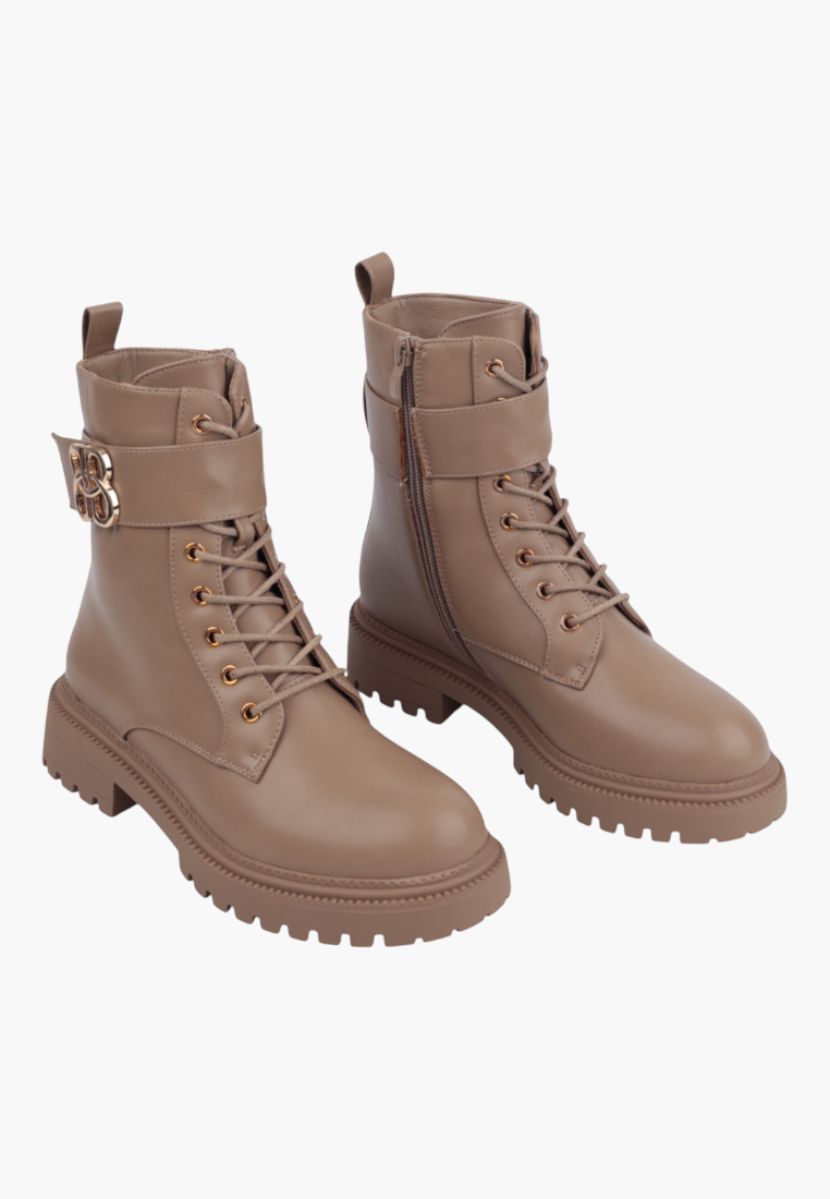 Falio beige lace-up ankle boots with a side buckle and chunky lug sole for autumn and winter wear.