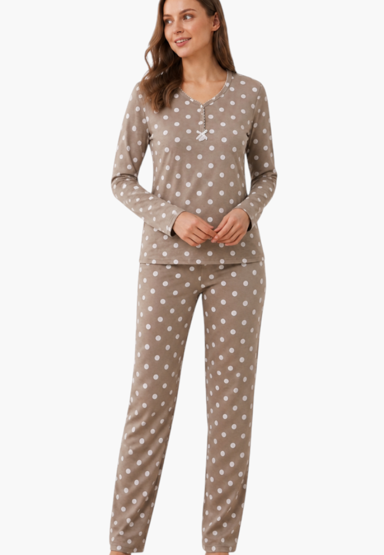 Falio women's insulated cotton pajama set in beige with white polka dots, long sleeves, and a round neckline.