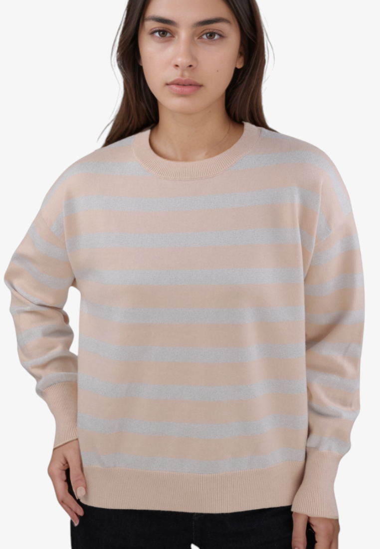 Falio beige and silver striped pullover sweater with a round neckline worn by a model