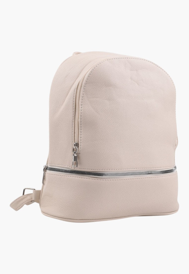 Falio beige urban women's backpack with a textured finish, front zipper pocket, and adjustable straps.