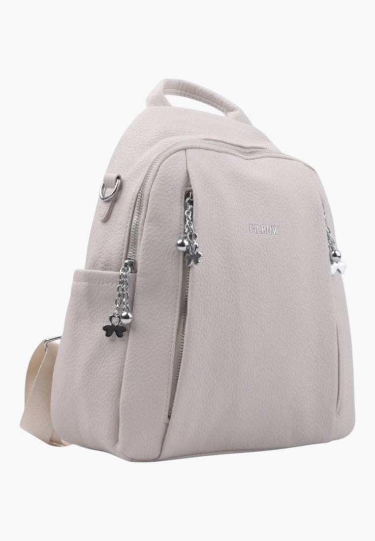 Falio beige urban women's backpack with textured material, silver zipper charms, and a sleek modern design.