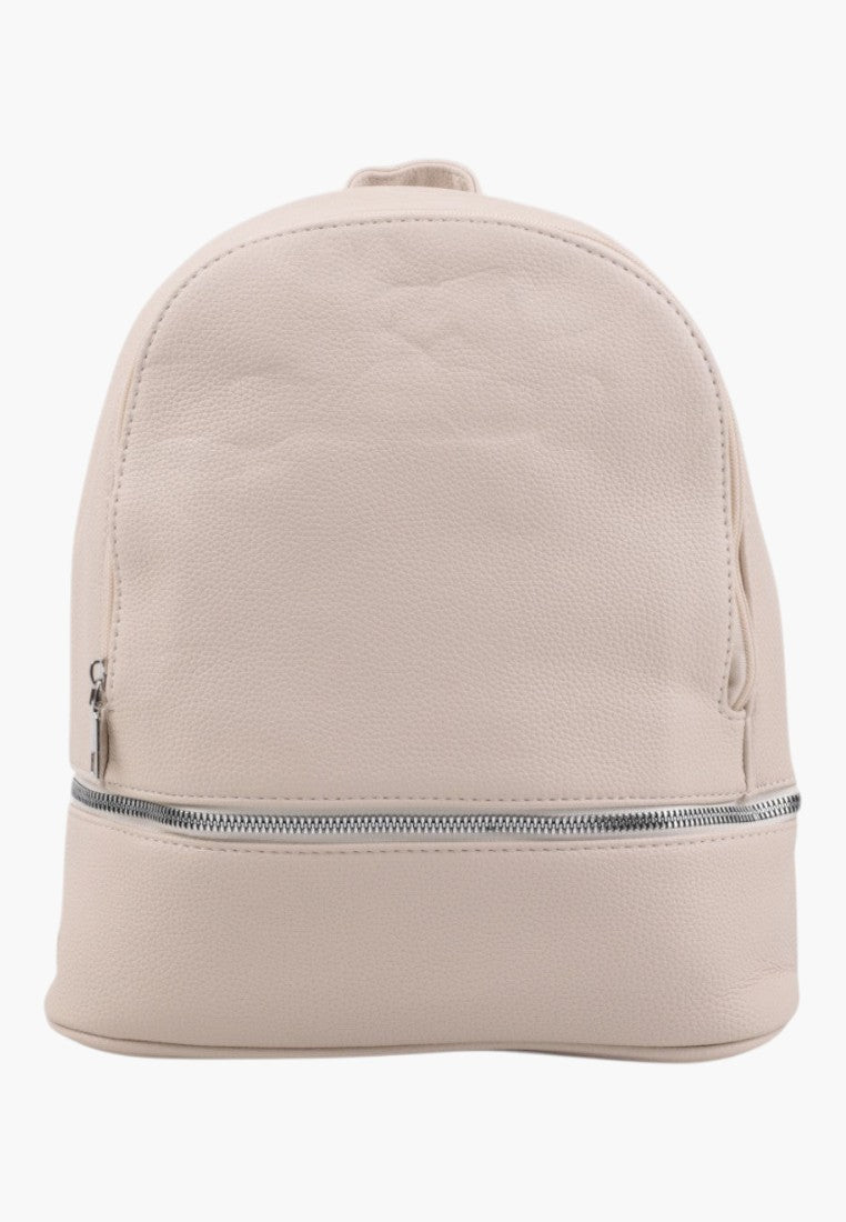 Falio beige urban women's backpack made of durable textured material with a front zipper pocket