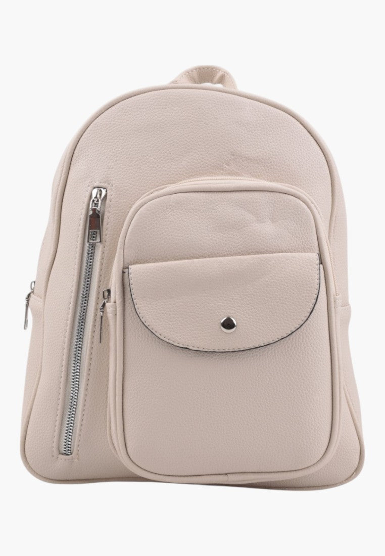 Falio elegant beige urban women's backpack with a front pocket and silver zipper details