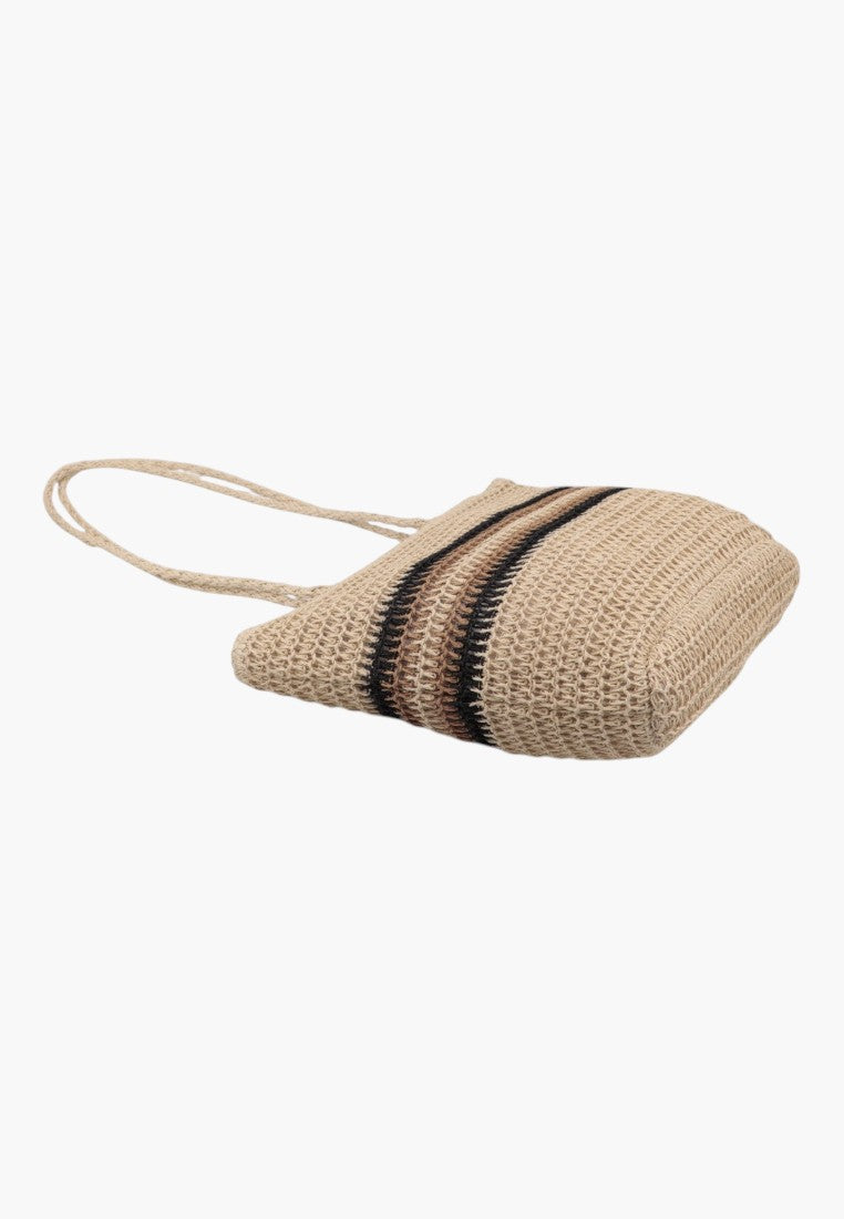 Falio beige woven shopper bag with brown and black striped detail and shoulder straps
