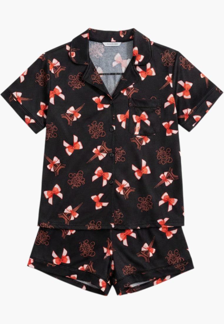 Falio women's black 100% cotton short-sleeve pajama set with red bow print and notched collar.