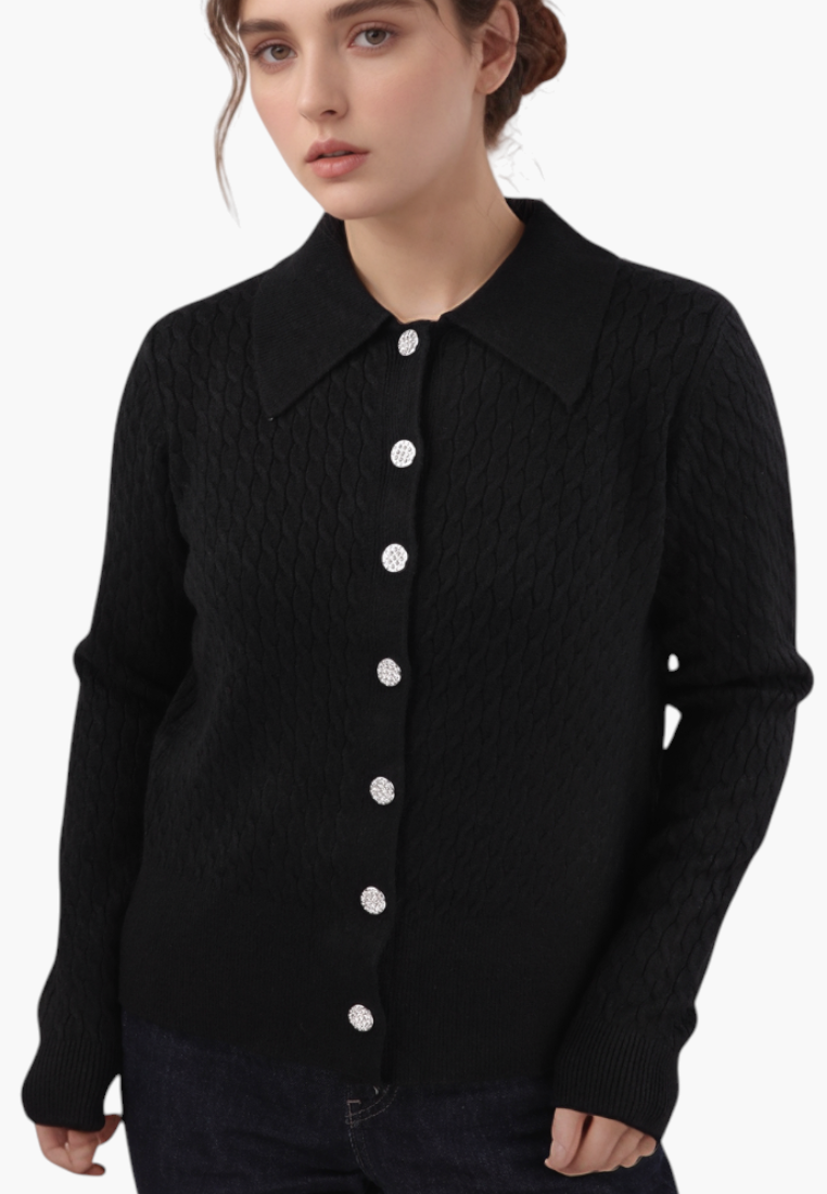 Falio black button-down sweater with a textured knit pattern, collar, and long sleeves on a model.