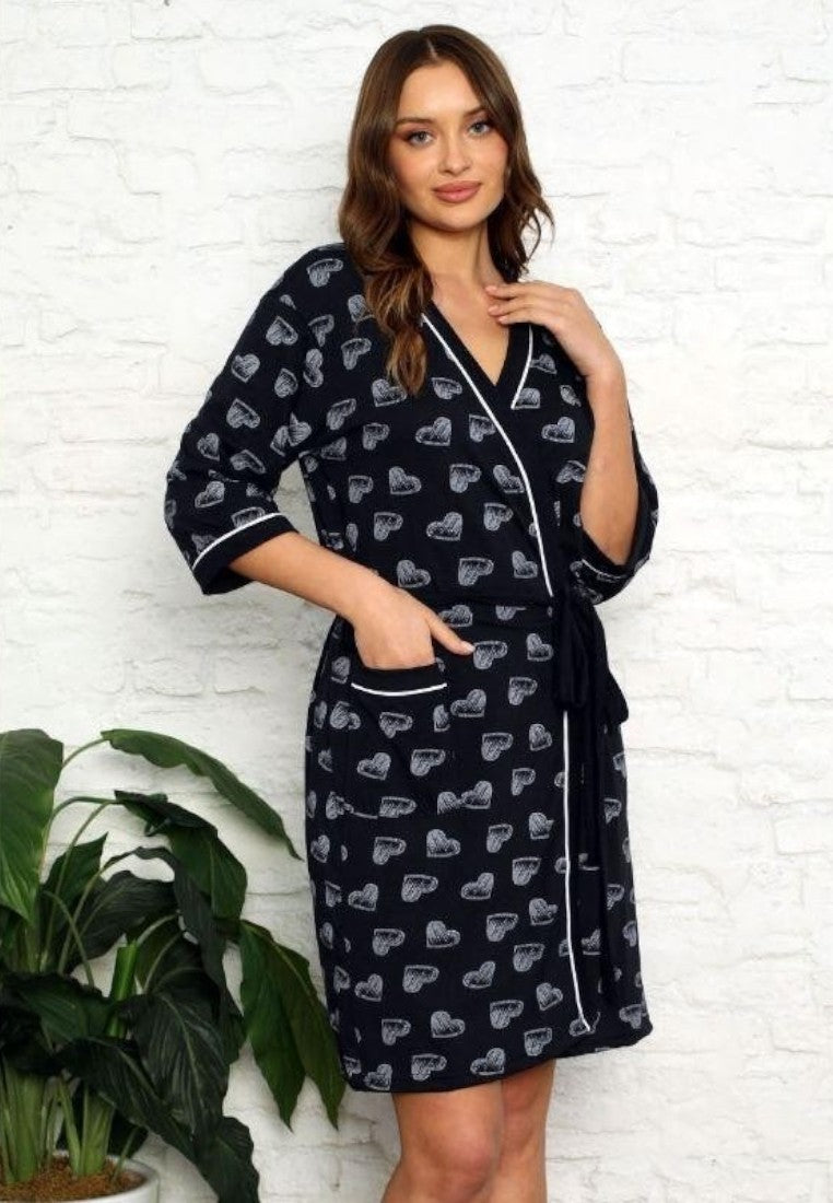 Falio women's black cotton robe with white heart pattern, short sleeves, pockets, and tie waist.