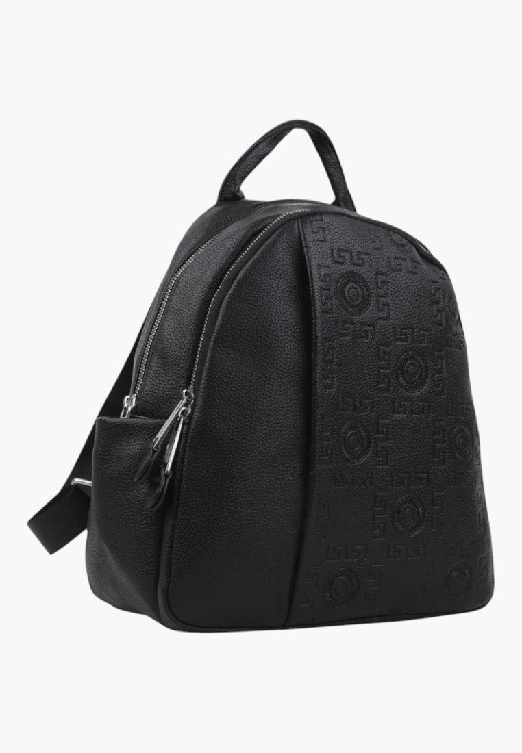 Falio black urban backpack made of eco-leather with a modern embossed geometric pattern and silver zippers.