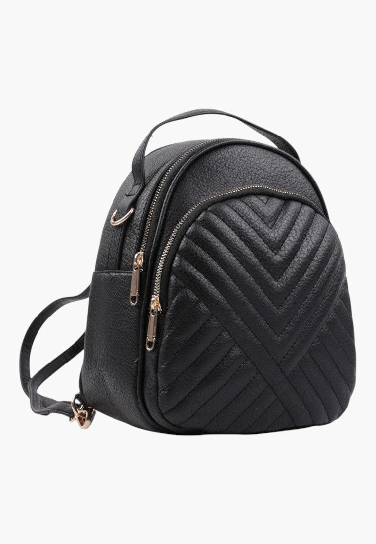 Falio small black urban backpack made of eco-leather with a quilted chevron pattern and gold zipper details.