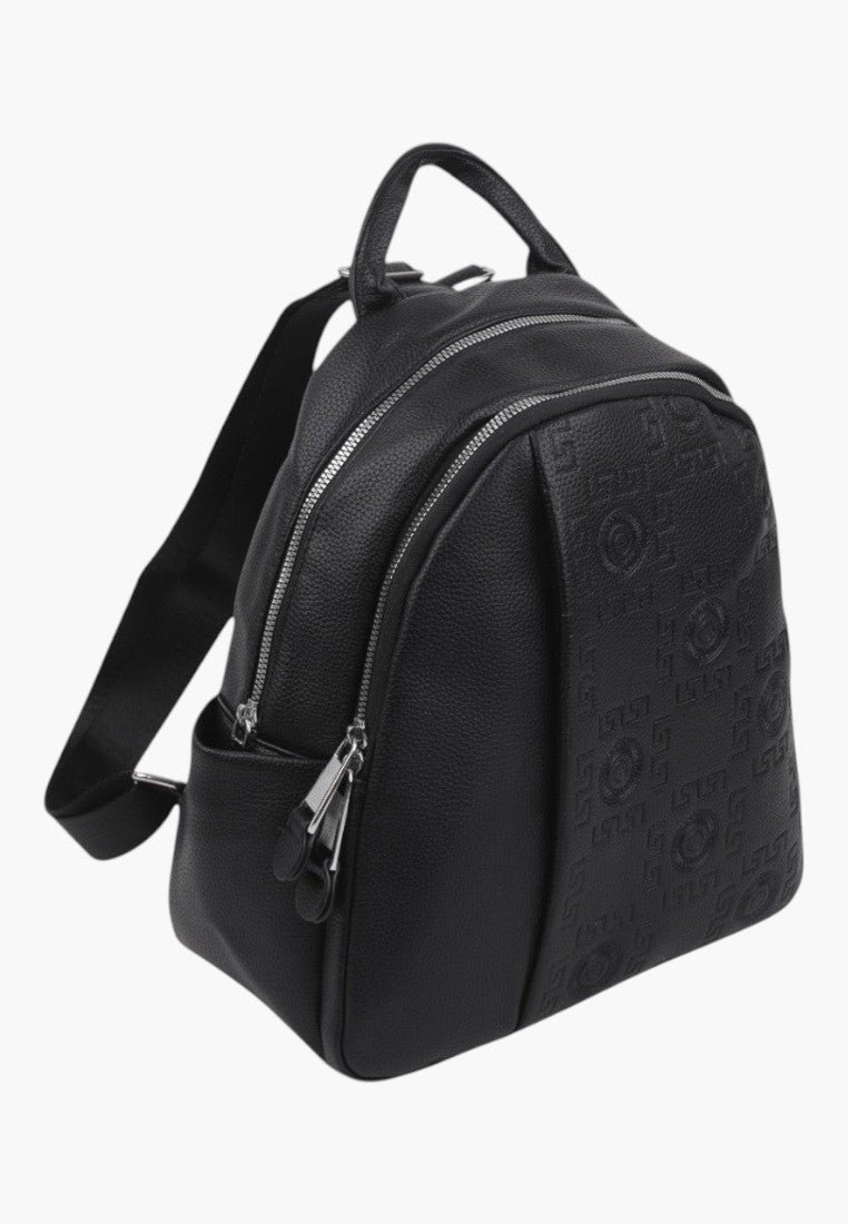 Falio black urban women's backpack made of eco-leather with a modern embossed pattern and silver zippers.
