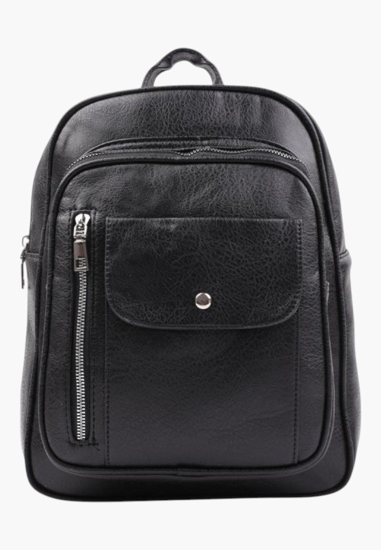 Falio black urban backpack made of eco-leather with multiple zippered pockets and A4 capacity for daily use.
