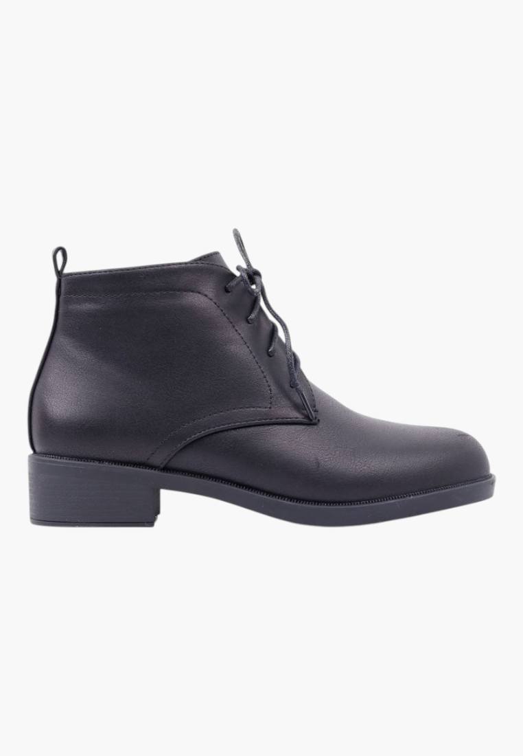 Falio black faux leather ankle boots with lace-up front, side zipper, and low square heel.