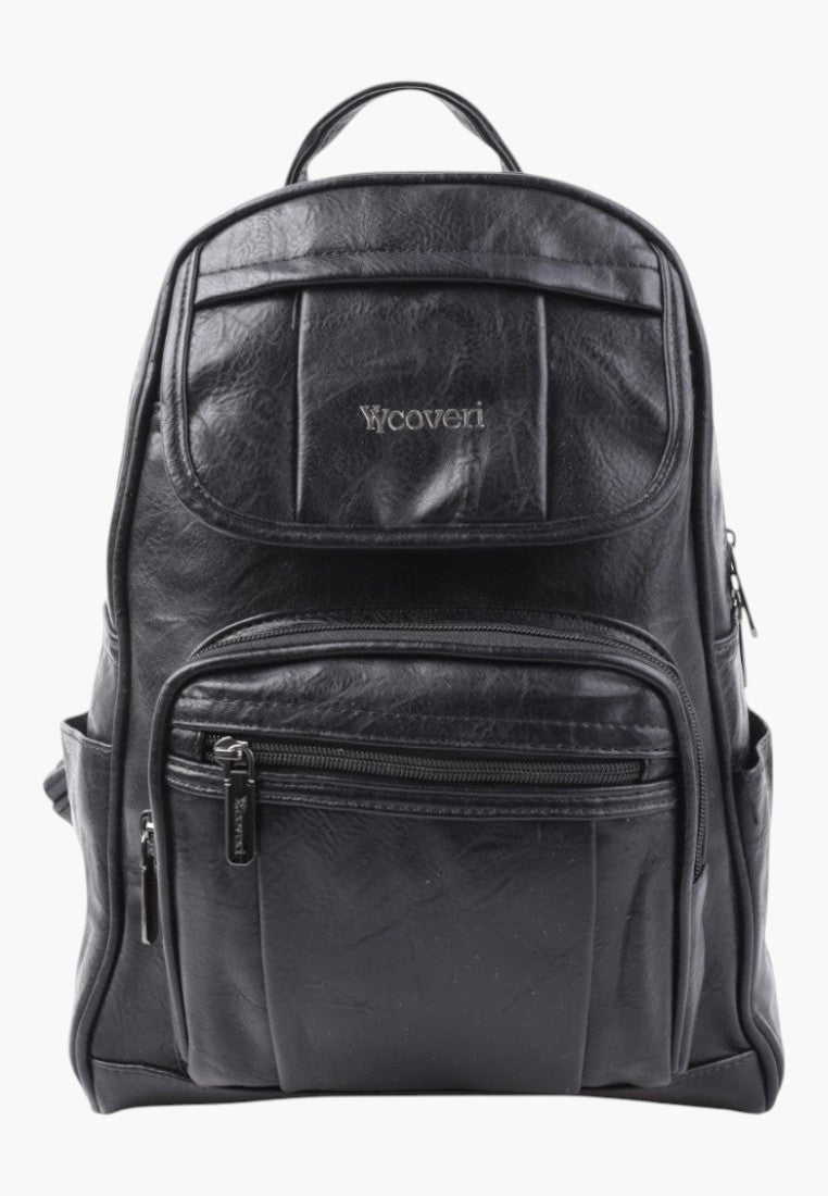 Falio black faux leather urban women's backpack with multiple zippered pockets and A4 capacity