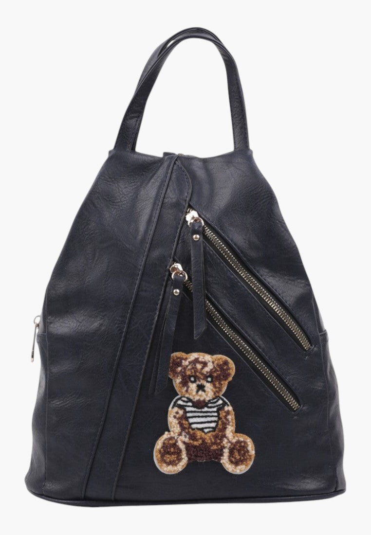 Falio black faux leather urban backpack with a cute teddy bear patch and multiple zippered pockets