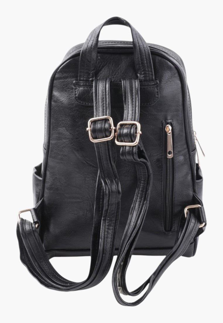 Falio black faux leather urban backpack with adjustable straps and back zipper pocket