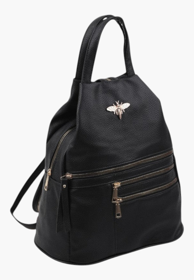 Falio black faux leather city backpack with a gold bee emblem and multiple zippered pockets