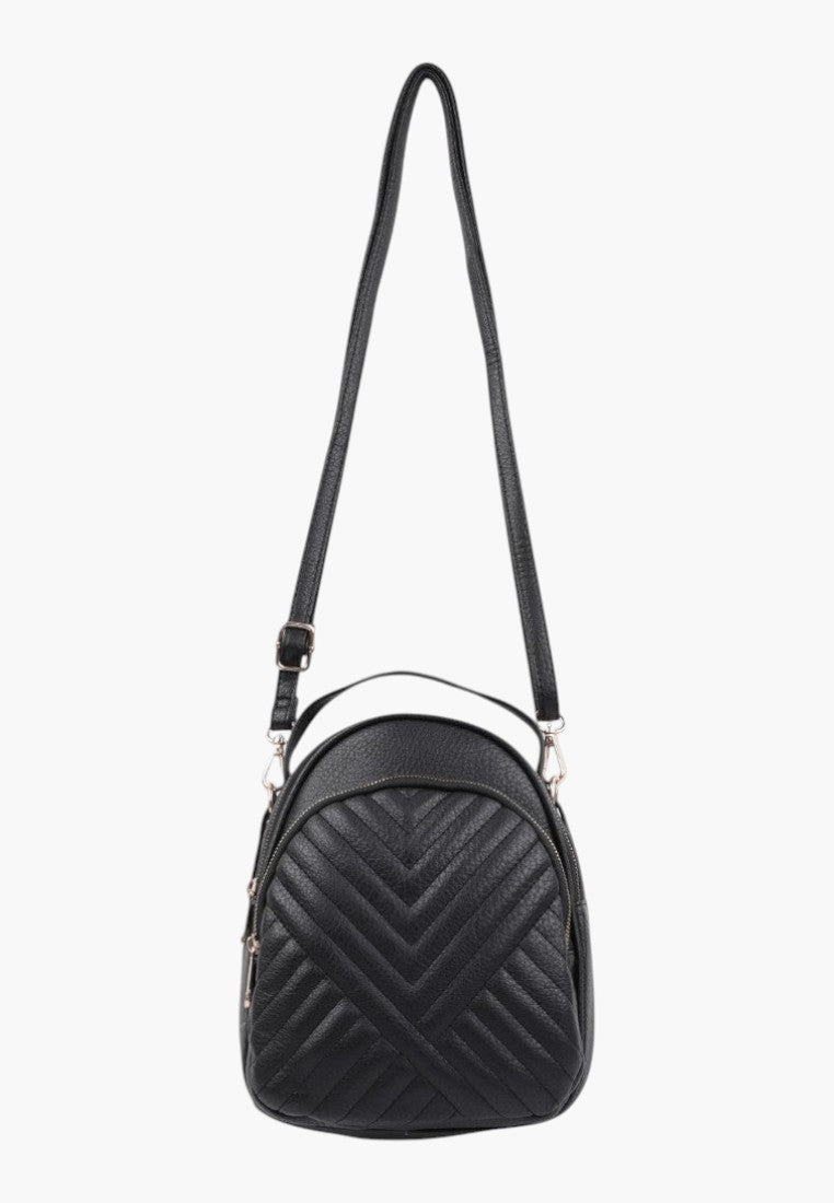 Falio black faux leather urban mini backpack with chevron quilted pattern and adjustable shoulder straps