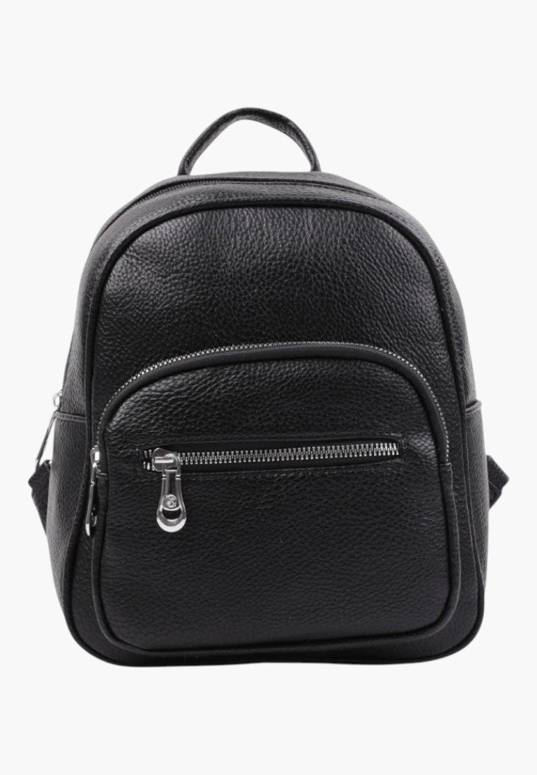 Falio small black faux leather urban backpack with a front zippered pocket and silver hardware