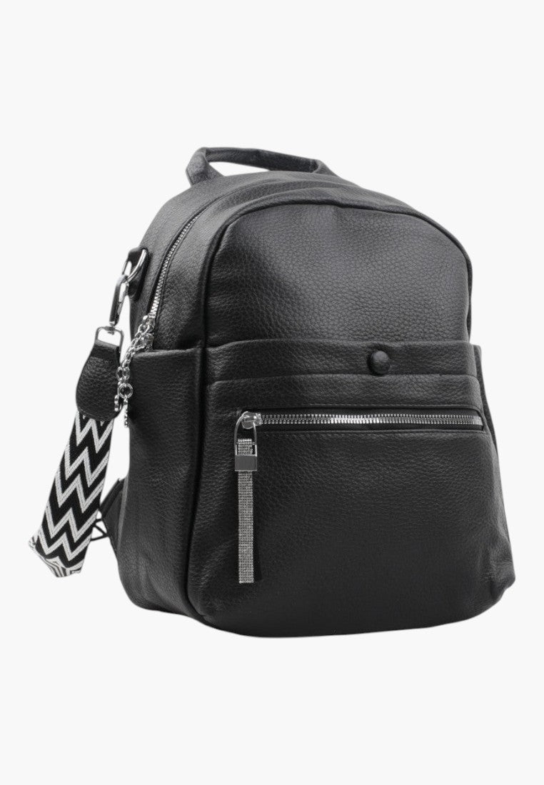 Falio black faux leather urban backpack with a patterned strap, multiple pockets, and silver zipper details.