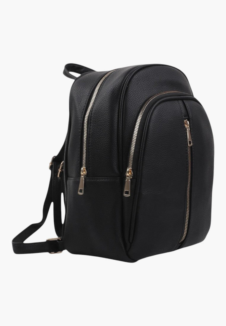 Falio black faux leather urban backpack with multiple zippered compartments and a spacious design for daily use.