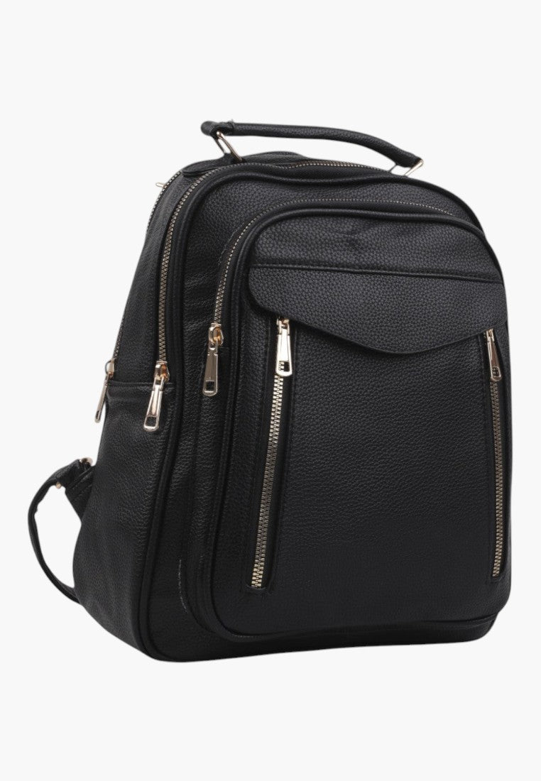 Falio black faux leather urban backpack with multiple zippered compartments and A4 capacity for daily use
