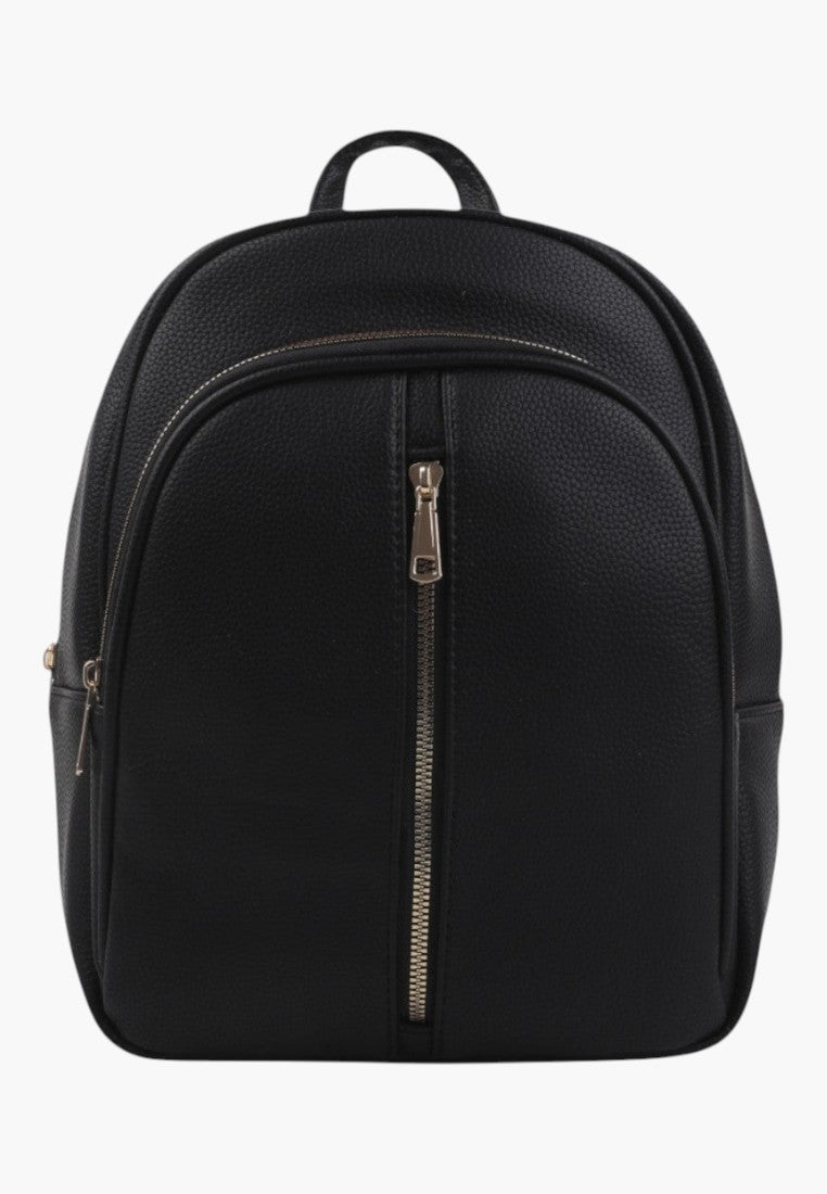 Falio black urban women's backpack made of textured faux leather with a vertical front zipper pocket