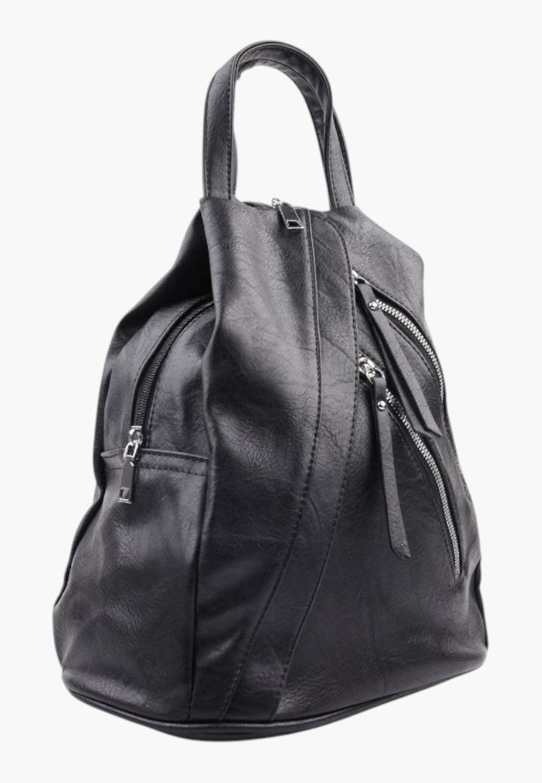 Falio black faux leather urban backpack with multiple zippered compartments and a top handle for daily use