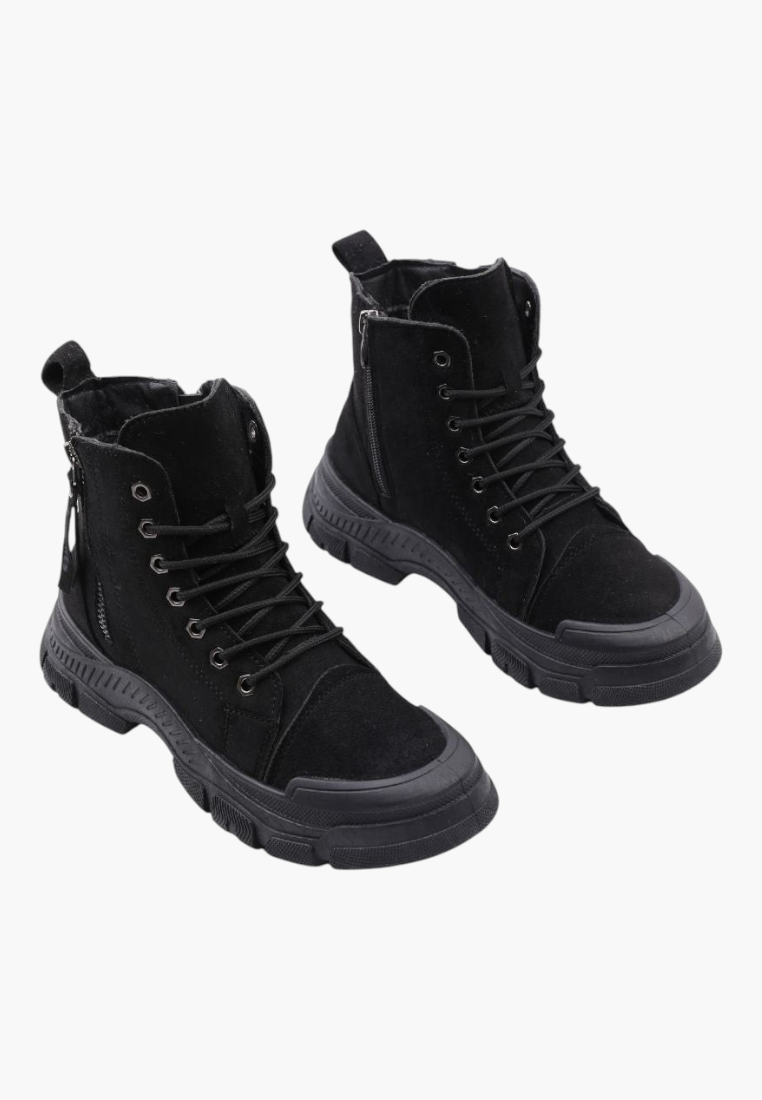 Falio black faux suede lace-up ankle boots with thick lug soles and side zippers for women