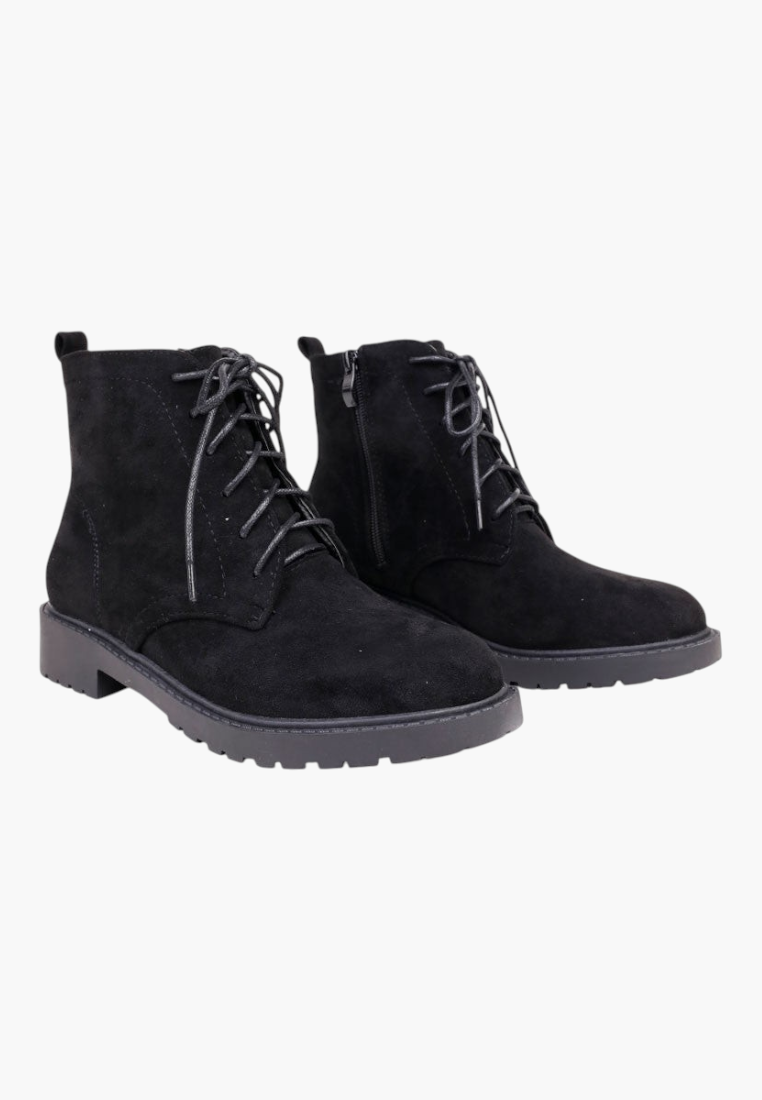 Falio black faux suede ankle boots with lace-up front, side zipper, and flat lug sole for women