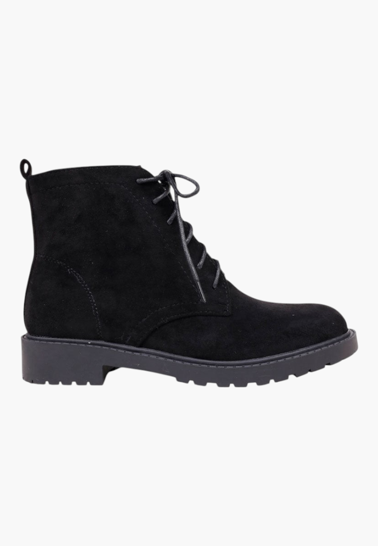 Falio black faux suede ankle boots with flat lug soles, side zipper, and front lace-up closure.