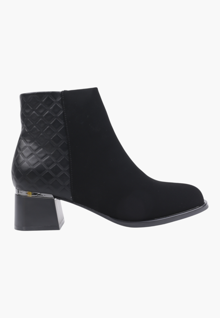 Falio black faux suede ankle boots with a quilted heel panel, round toe, and a sturdy block heel.