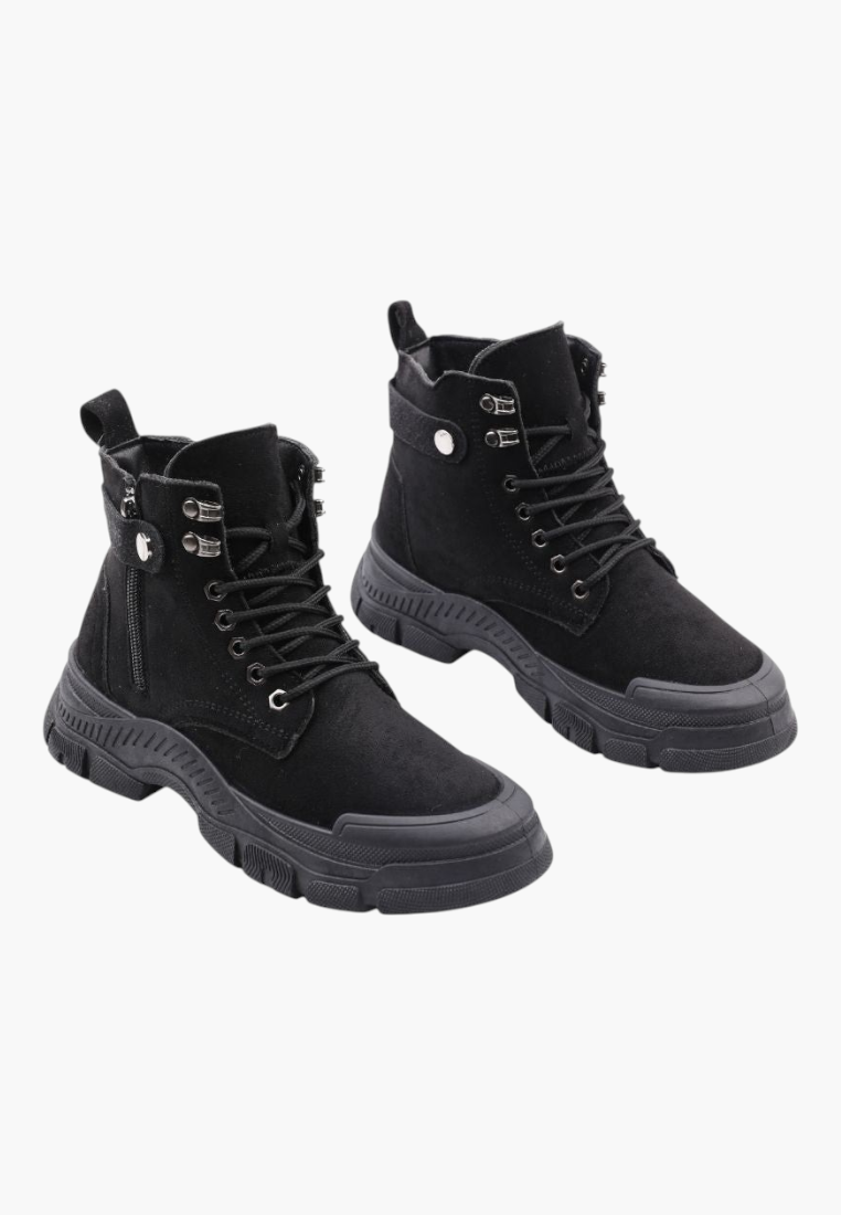 Falio black faux suede lace-up ankle boots with a thick lug sole and round toe, perfect for casual winter wear.