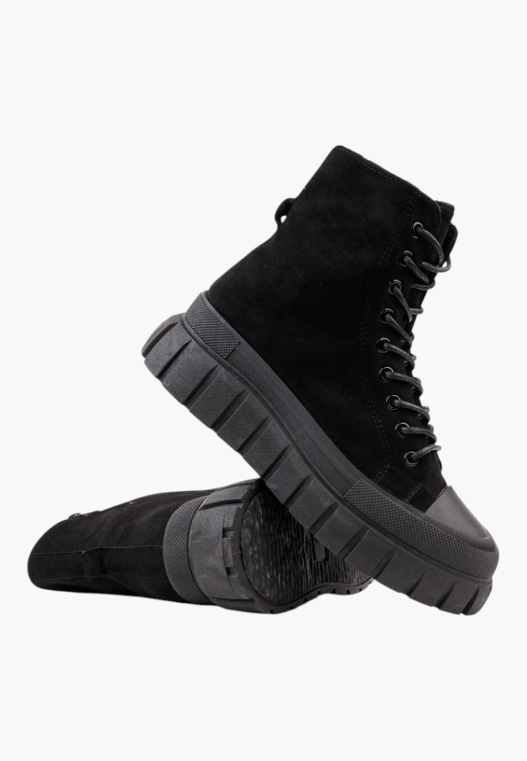 Falio black faux suede ankle boots with lace-up front, side zipper, and thick 6cm rubber lug sole