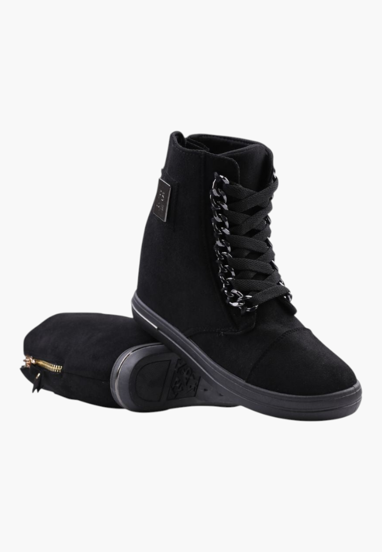 Falio black faux suede wedge sneakers with decorative silver chain detail and lace-up closure for a urban style