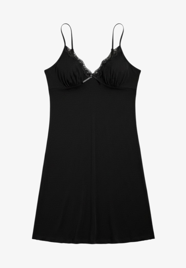 Falio black plus size nightgown with delicate lace trim on the V-neckline and thin adjustable spaghetti straps.