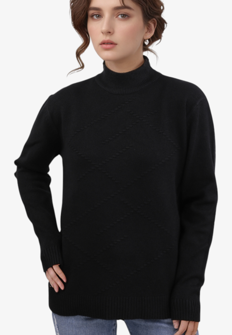 Falio black mock neck sweater in a wool and cashmere blend with a subtle diamond knit pattern worn by a model