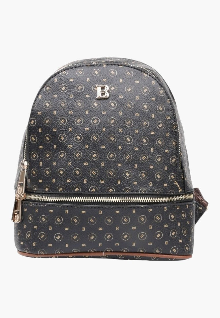 Falio black faux leather mini city backpack with gold B monogram pattern and front zippered pocket