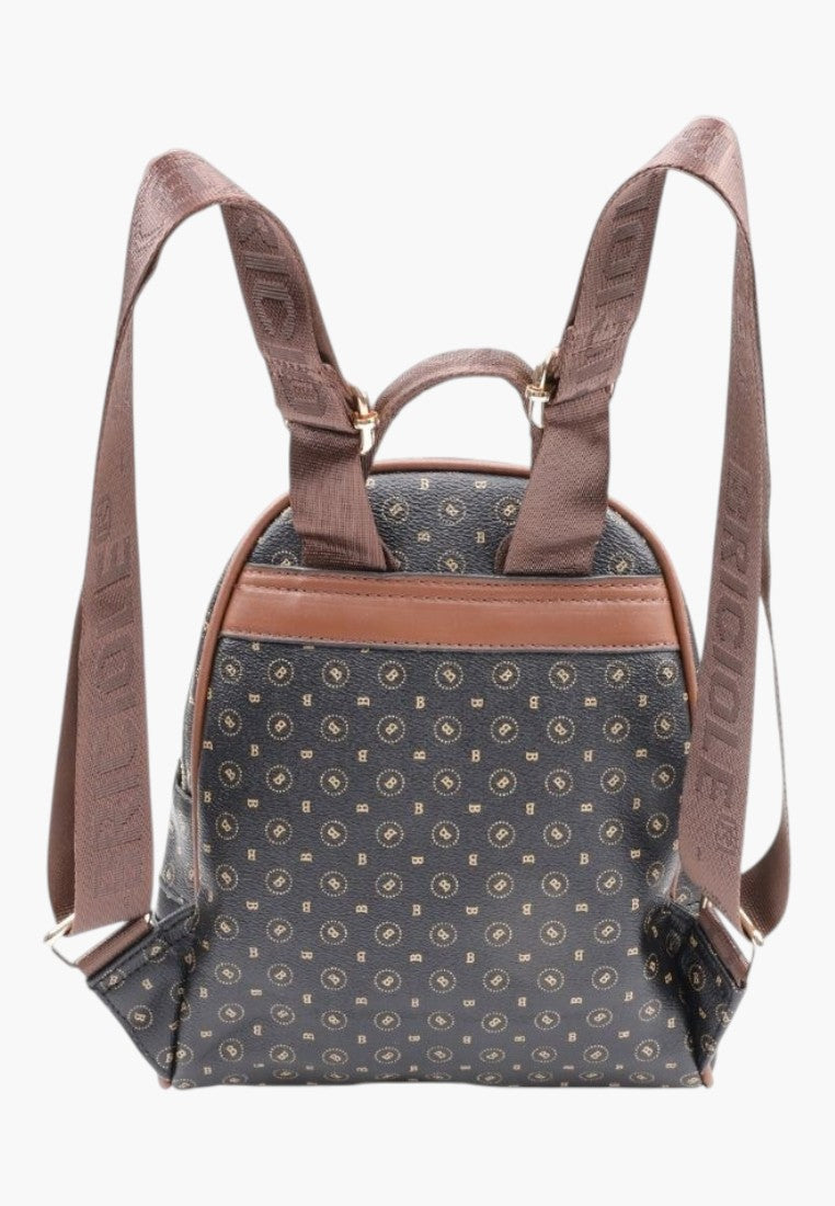 Falio black faux leather mini city backpack with brown monogram pattern and adjustable branded fabric straps