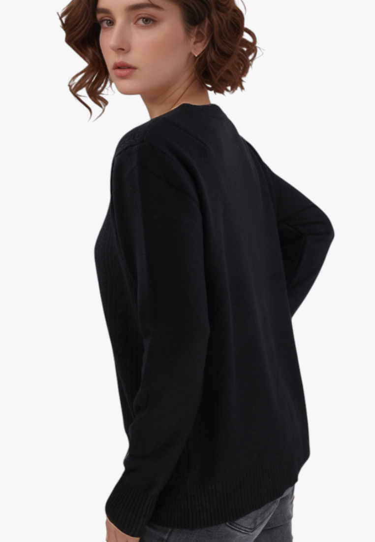 Falio plus size black button-up cardigan made of soft viscose with long sleeves and a round neckline