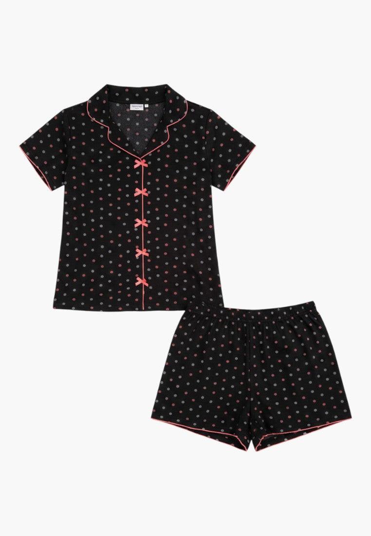 Falio black 100% cotton polka dot pajama set with coral trim and bow details.