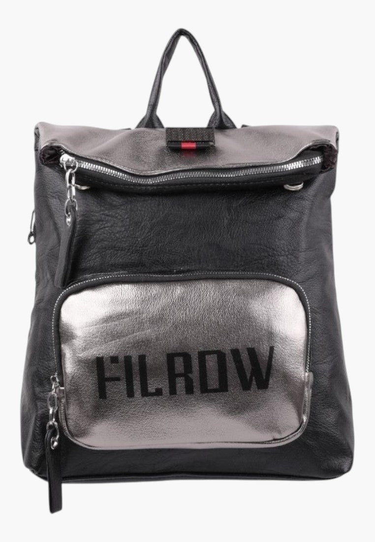 Falio urban women's backpack in black and metallic silver faux leather with a spacious A4 compartment and zip pockets.