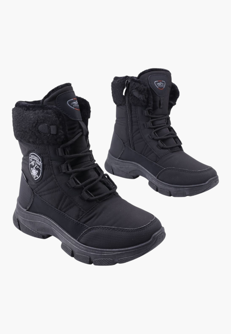 Falio black softshell women's snow boots with fleece lining, side zipper, and lace-up trekking design.