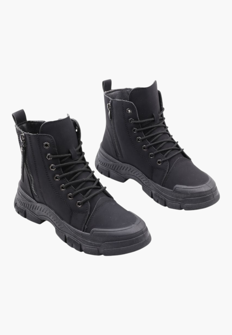 Falio black synthetic nubuck lace-up ankle boots with chunky lug soles and side zippers
